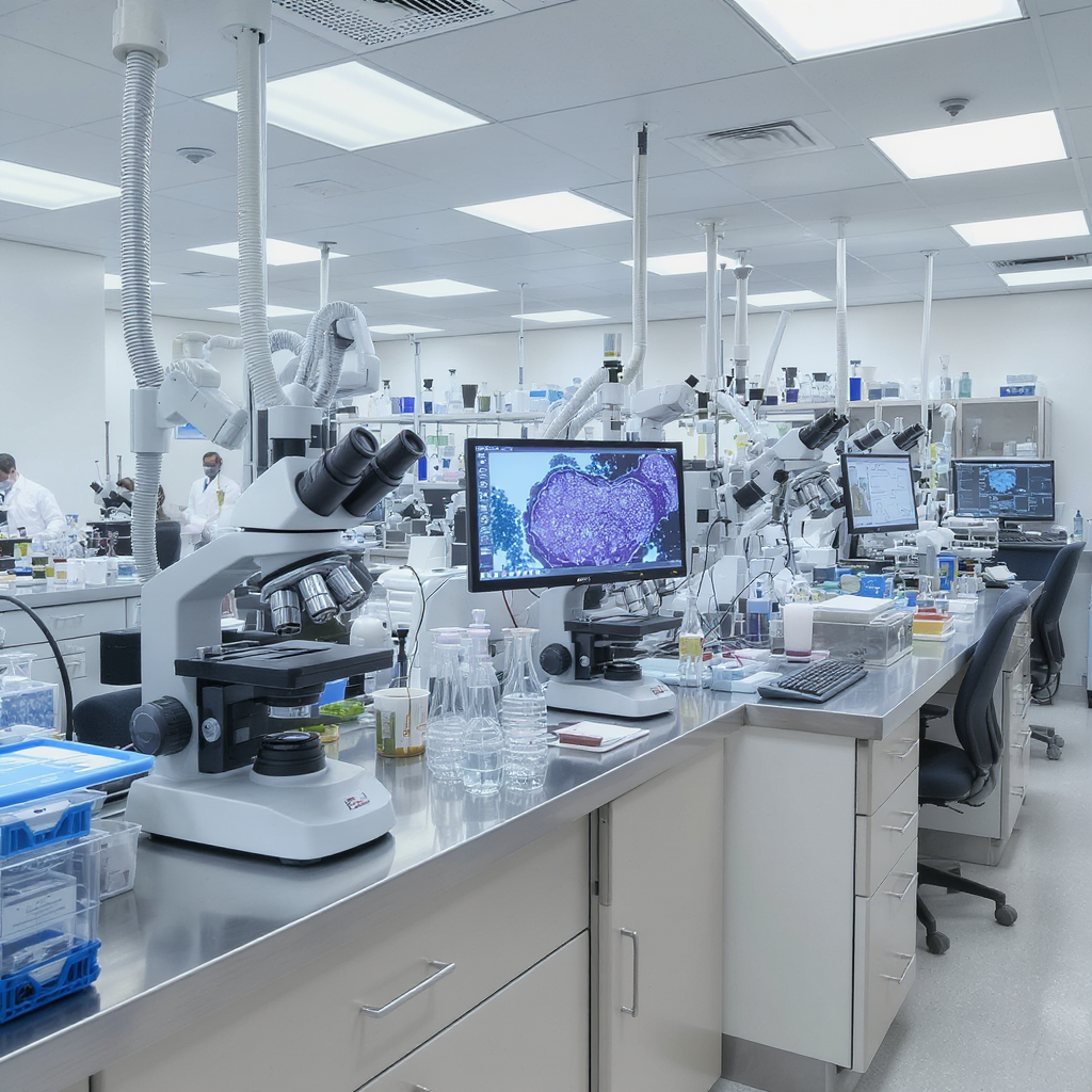 Advanced pathology laboratory with microscopes and analysis equipment